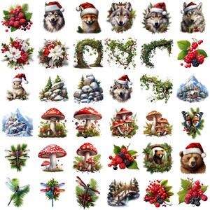 May include: A collection of 25 digital clipart images featuring various winter and nature themes. The images include a fox, wolf, bear, mushrooms, berries, butterflies, and more.