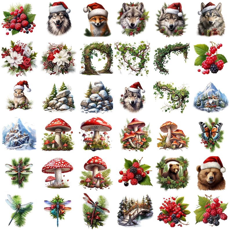 May include: A collection of 25 digital clipart images featuring various winter and nature themes. The images include a fox, wolf, bear, mushrooms, berries, butterflies, and more.