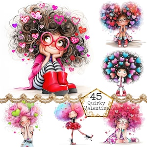 JPEG Fille décalée amoureuse Fille lunatique de la Saint-Valentin Les gens originaux adorent les cliparts Téléchargement instantané Papier Artisanat indésirable Journal Scrapbooking