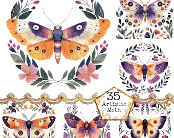 May include: Watercolor illustrations of moths with intricate wing patterns in orange, purple, and yellow. Each moth is surrounded by floral wreaths and decorative elements. The text "35 Artistic Moth" is also present.
