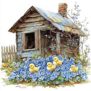 May include: A rustic wooden cabin with a chimney, surrounded by blue forget-me-not flowers and five yellow chicks.