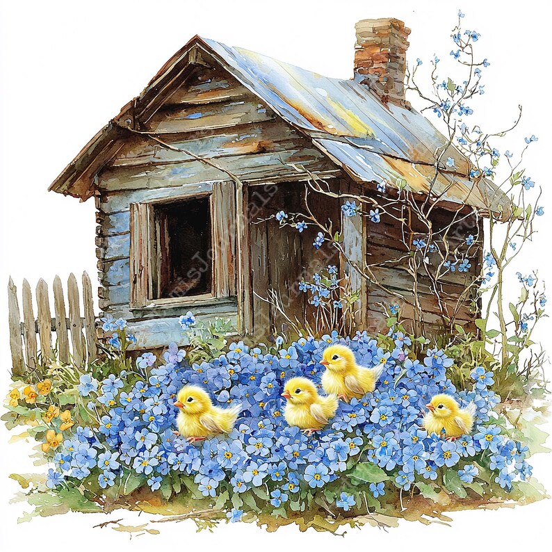May include: A rustic wooden cabin with a chimney, surrounded by blue forget-me-not flowers and five yellow chicks.