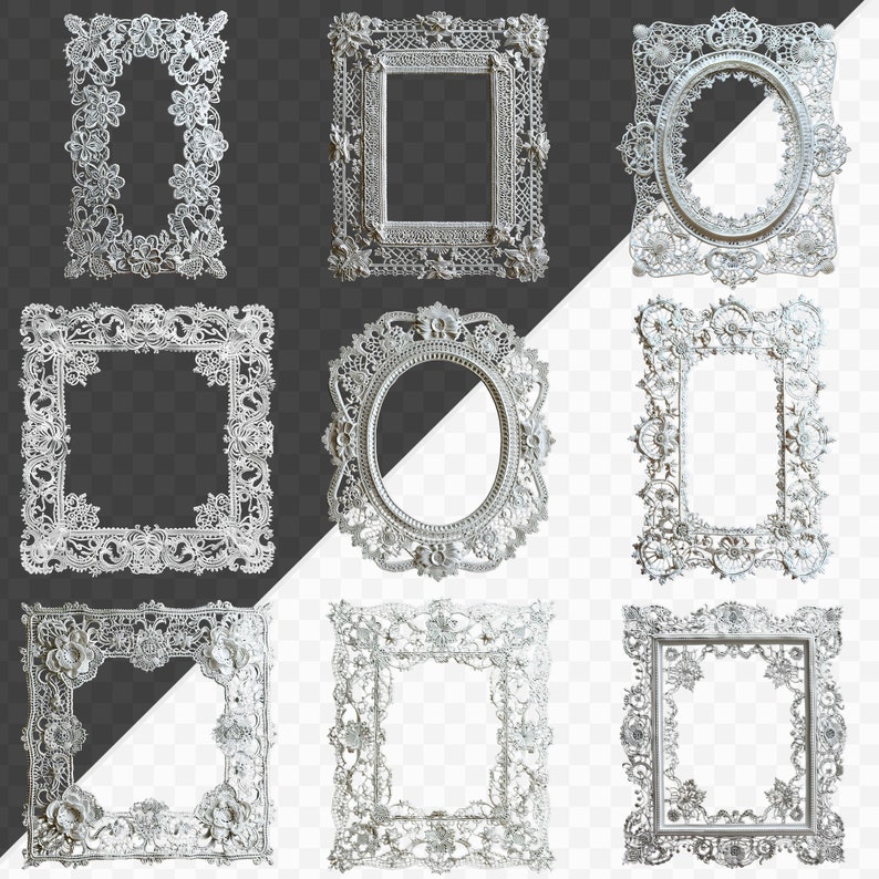 May include: Nine ornate white picture frames with intricate designs. The frames are arranged in a grid pattern on a white and black background.