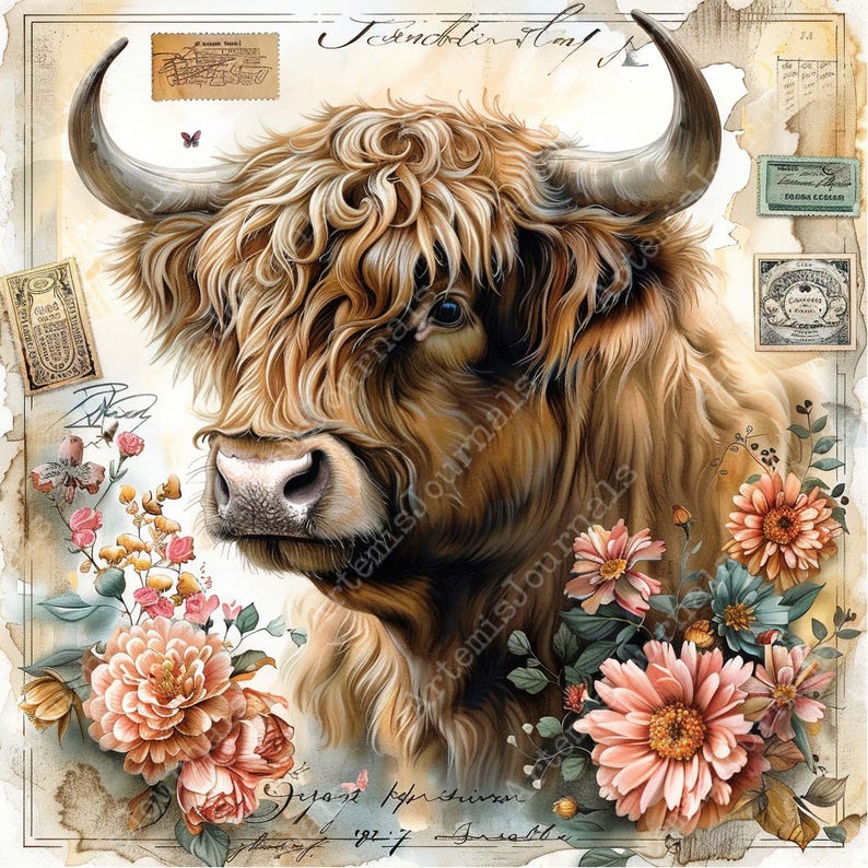 JPEG Highlander Flower Cow Junk Journal Papers Cottagecore Graphics Cow ...