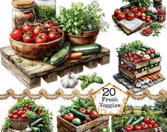 May include: A collection of 20 fresh vegetables, including tomatoes, zucchini, carrots, and garlic, arranged in wooden crates and baskets. The vegetables are displayed on a white background with a decorative lace border and the text "20 Fresh Veggies".