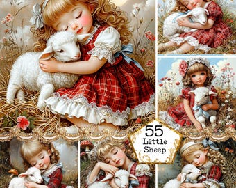 JPEG Cute Little Retro Girl with Sheep Illustrations Cottagecore Baby Girl Barn Hey Instant Download Paper Crafts Junk Journal Scrapbooking