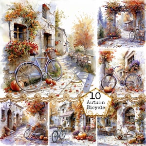 JPG acuarela Cottage Bicicleta Clipart Paquete JPGs otoño Clipart Otoño Uso Comercial Descarga Instantánea Papel Craft Junk Journal Scrapbooking
