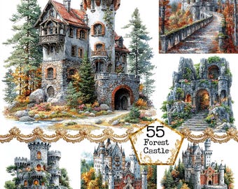 JPEG Watercolor Old Fantasy Castle Graphics Medieval Castle Clipart Bundle Instant Download Paper Crafts Junk Journal Scrapbooking