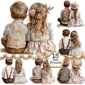 Paquete de imágenes prediseñadas de mejores amigos de niña y niño en acuarela JPEG Descarga instantánea de imágenes prediseñadas de amistad Manualidades con papel Diario basura Scrapbooking