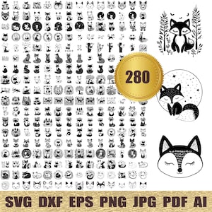 May include: A set of 280 black and white fox SVG cut files. The files include various fox designs, including foxes sleeping, sitting, standing, and walking. The designs are perfect for creating crafts, home decor, and more.