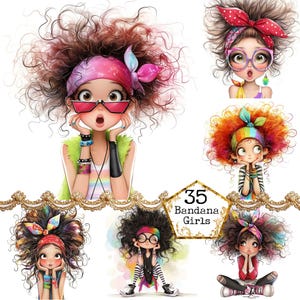 Pacchetto di clipart di ragazza eccentrica con bandana in formato JPEG, ragazza stravagante, effimera, arte, download istantaneo, artigianato di carta, diario di scarto, scrapbooking