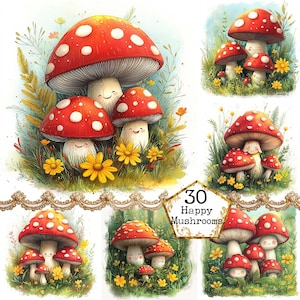 Bundle de cliparts en grappe de champignons smiley JPEG Champignons magiques Happy Woodland Clipart Téléchargement instantané Artisanat en papier Journal indésirable Scrapbooking