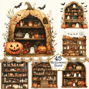 以下が含まれることがあります： ハロウィーンをテーマにした棚が5つあり、カボチャ、幽霊、ろうそく、魔法薬の瓶など、さまざまな不気味で奇妙なアイテムでいっぱいです。棚はコウモリ、クモの巣、その他のハロウィーンの装飾で飾られています。 「45 Halloween Shelf」というテキストが金のバナーに表示されています。