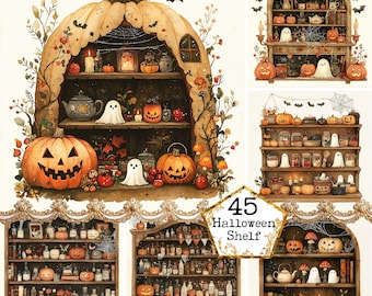 JPEG Watercolor Spooky Haunted Shelves Clipart Bundle Spooky Library Halloween Instant Download Paper Crafts Junk Journal Scrapbooking