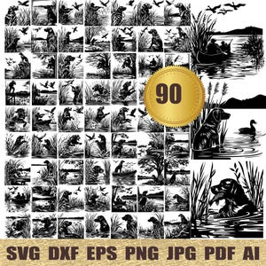 Puede incluir: Un conjunto de 90 archivos de corte digital en blanco y negro que presentan una variedad de siluetas de perros de caza en diferentes poses. Los perros se representan en varios entornos exteriores, incluidos campos, bosques y agua. Los archivos son perfectos para crear manualidades personalizadas, decoración del hogar y mucho más.