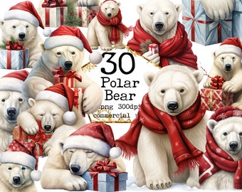 May include: A collection of illustrations featuring polar bears in festive attire. The bears are depicted wearing Santa hats and red scarves, some holding wrapped gifts. The image includes the text "30 Polar Bear".