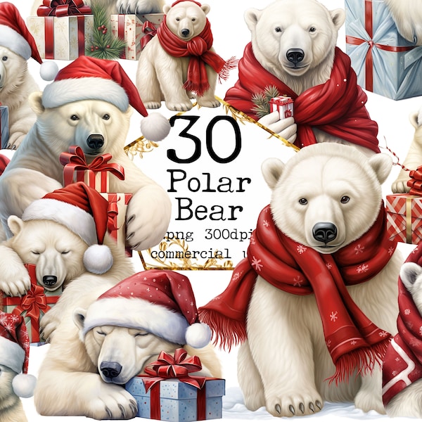 Christmas Polar Bear Clipart Bundle bear PNG Sublimation Design Christmas Clipart Paper Crafts Scrapbooking Junk Journal Commercial Use