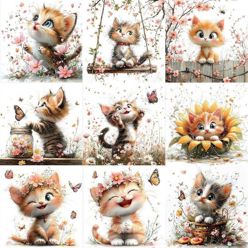 a bunch of pictures of kittens with flowers and butterflies