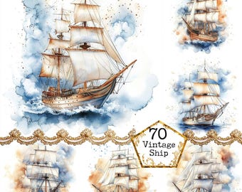 JPEG Watercolor Sailboat Clipart Bundle Watercolor Art Ocean Ship Nautical Clipart Instant Download Paper Crafts Junk Journal Scrapbooking