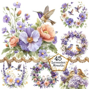 PNG + JPEG Acquerello lavanda Uccello Corona Clipart Bundle Corona primaverile Clipart Download immediato Artigianato di carta Diario spazzatura Scrapbooking