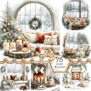 JPEG Aquarell Weihnachten gemütliche Ecke mit Kamin Clipart Bundle Shabby Chic Sofortiger Download Papier Handwerk Junk Journal Scrapbooking