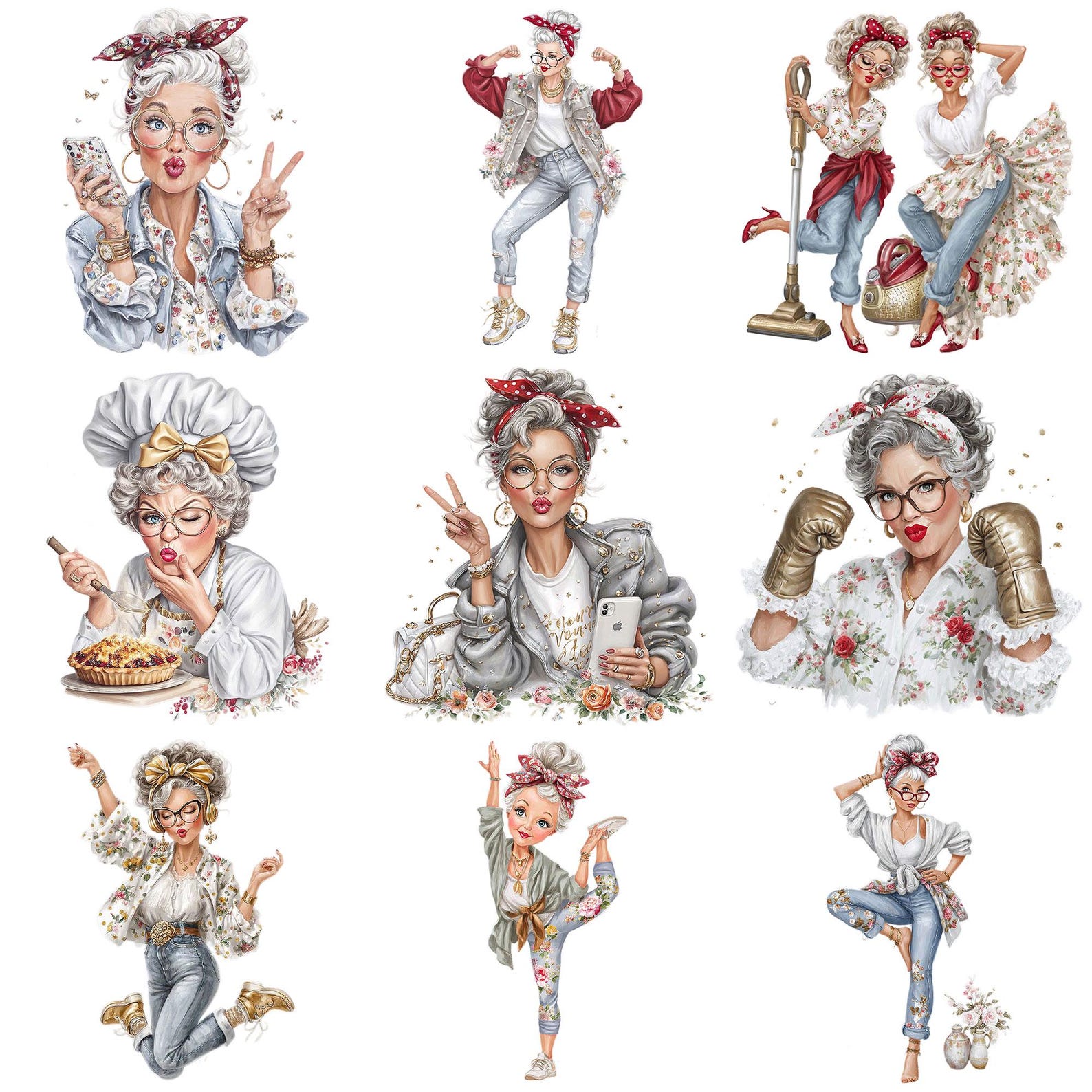 30 Funny Elderly Lady - Watercolor Clipart Bundle PNG + JPEG Format ...