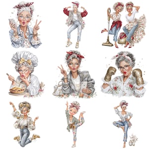 30 Funny Elderly Lady - Watercolor Clipart Bundle PNG + JPEG Format ...
