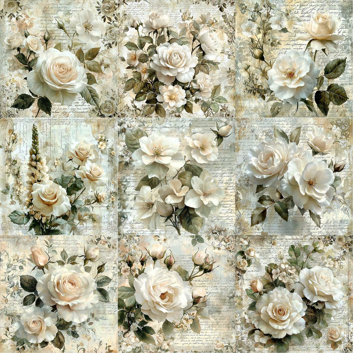 JPEG Scrapbook Roses Digital Papers Pack 12x12 Inches Weathered Papers ...