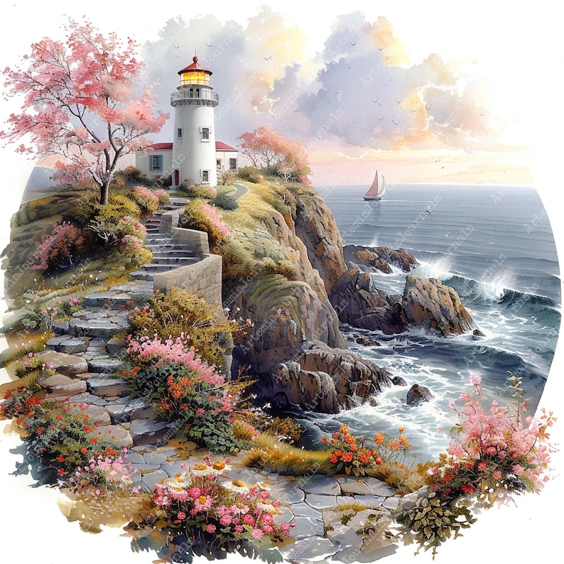 May include: Watercolor painting of a coastal scene featuring a white lighthouse with a red top, set on a cliff overlooking the ocean. Pink flowering trees and bushes frame the lighthouse and stone steps. A sailboat is visible in the distance.
