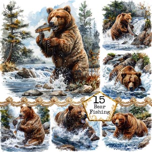 JPEG Bär Fluss Angeln Jagd Schwimmen Bär Jagdsaison Wald Clipart Jäger Sofortiger Download Papier Handwerk Junk Journal Scrapbooking