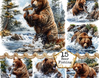 JPEG Bear River Fishing Hunting Swimming Bear Hunting Season Forest Clipart Hunter Instant Download Paper Crafts Junk Journal Scrapbooking