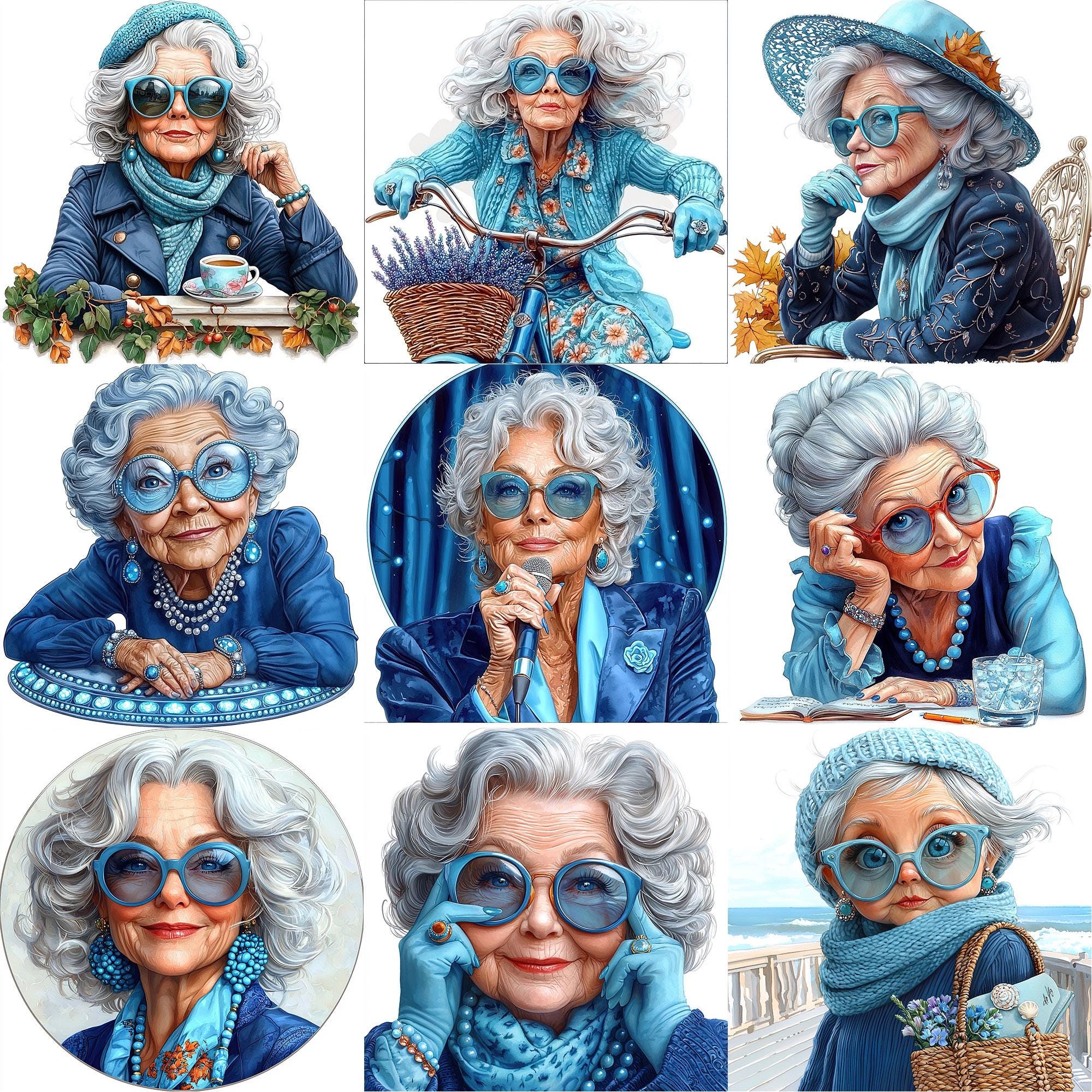 JPEG Watercolor Elegant Lady in Blue Clipart Bundle Elderly Lady ...
