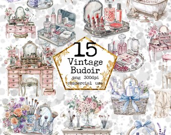 Watercolor Budoir Clipart Bundle Vintage Ladies Room PNG Antique Clipart Chic PNG Instant Download Paper Crafts Junk Journal Scrapbooking
