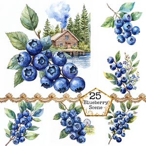 Bundle de cliparts JPEG aquarelle baies bleues Clipart printemps Clipart paysages des cliparts Téléchargement instantané Papier Artisanat indésirable Journal Scrapbooking