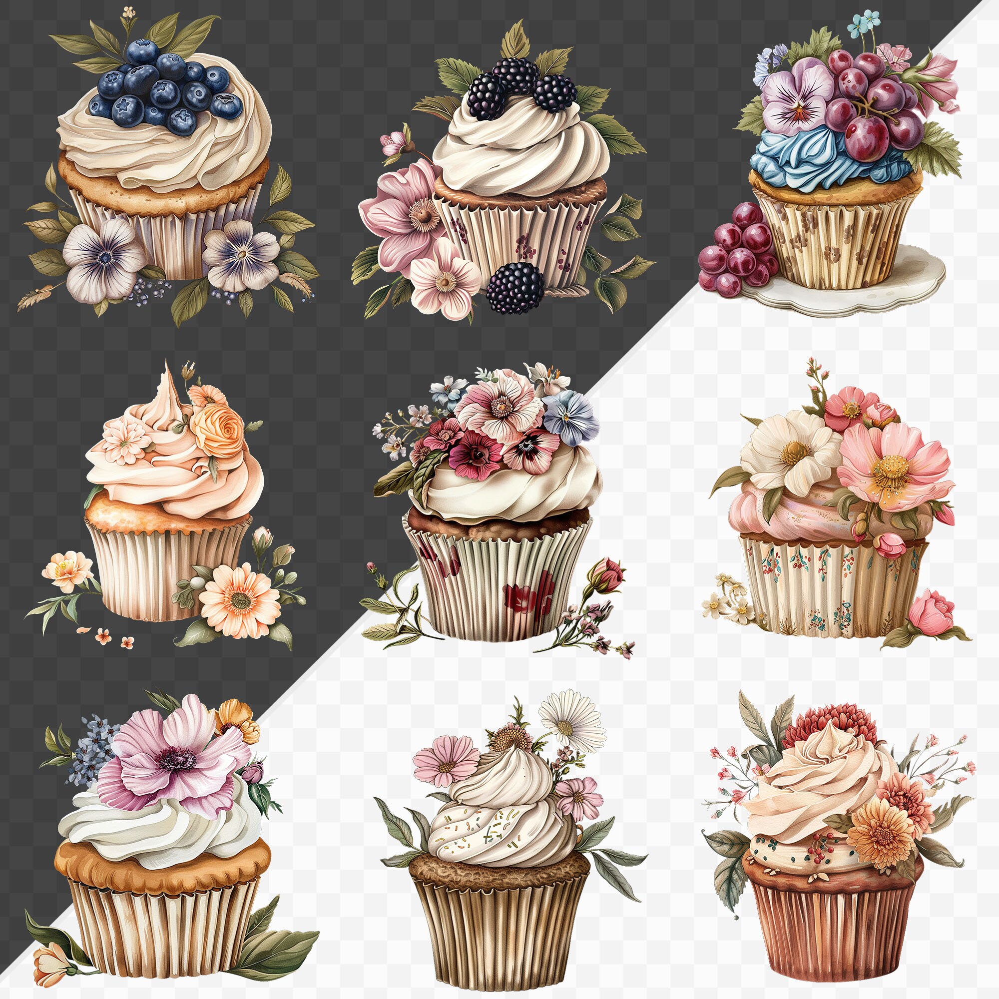 PNG Watercolor Cupcakes Clipart Bundle, Dessert Clipart Png, Cupcake ...
