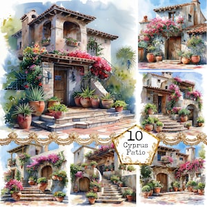Könnte beinhalten: Eine Collage aus 10 Aquarellbildern, die verschiedene mediterrane Patios mit Steintreppen, Terrakottatöpfen und üppigem Grün zeigen. Die Patios verfügen über charmante Steinhäuser mit gewölbten Türen und leuchtend pinkfarbenen Blumen.