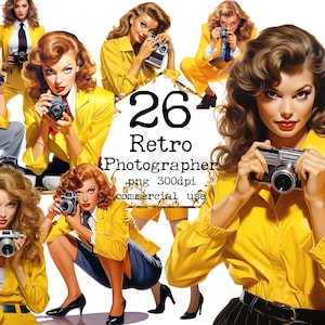 PNG Retro Fotógrafo Clipart Vintage Fotógrafo Pin Up Girl PNG Pacote Clipart Conjunto Scrapbook Junk Journal Papel Artesanato Cartões Fazendo