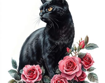 JPEG Watercolor Floral Black Cat Clipart Bundle Black Cat