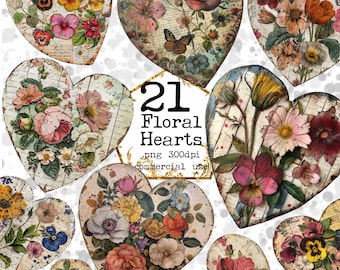 Può includere: Una collezione di 21 design floreali a forma di cuore. Ogni cuore presenta una disposizione unica di fiori colorati, tra cui rose, viole del pensiero e papaveri, su uno sfondo vintage in legno invecchiato con scritte. È presente anche il testo "21 Floral Hearts".