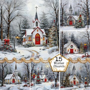 Imágenes prediseñadas de acuarela de una pequeña iglesia en invierno, imágenes prediseñadas de acuarela de una capilla, descarga instantánea, manualidades con papel, diario basura, álbumes de recortes