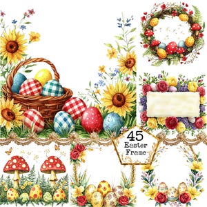 Ensemble de cliparts aquarelle oeuf de Pâques PNG + JPEG Bordures printanières cadres floraux Téléchargement instantané Paper Craft Junk Journal Scrapbooking