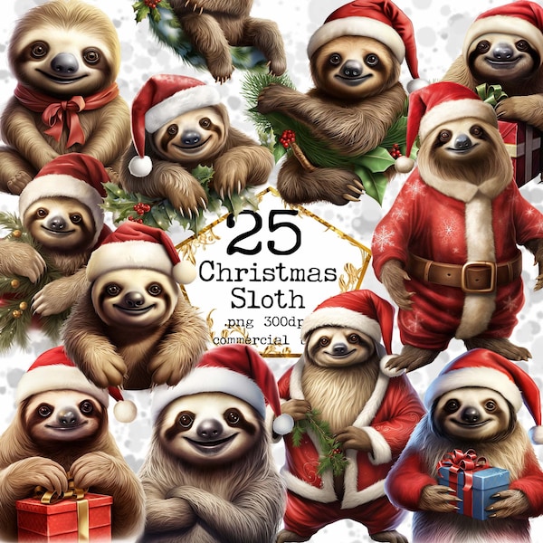 Christmas Sloth Clipart Bundle PNG for Commercial Use Animal Clipart Merry Christmas Instant Download Paper Crafts Junk Journal Scrapbooking