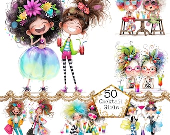 JPEG Watercolor Whimsical Girlfriends Drinking Cocktails Clipart Bundle Girls Night Instant Download Paper Crafts Junk Journal Scrapbooking