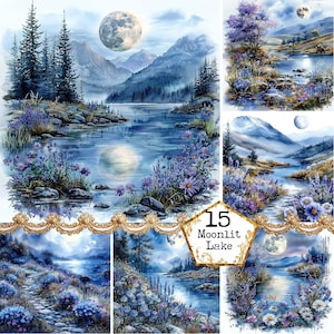 JPEG Watercolor Moonlit Spring Mountain Lake Graphics Spring Clipart Bundle Lake Art Instant Download Paper Crafts Junk Journal Scrapbooking