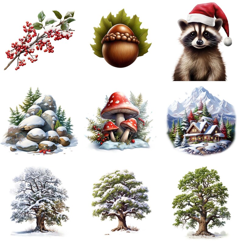 May include: A collection of winter-themed illustrations, including a raccoon wearing a Santa hat, a snowy mountain scene with a cabin, a pile of rocks covered in snow, a mushroom with red and white spots, a brown acorn, and three trees with snow on their branches.