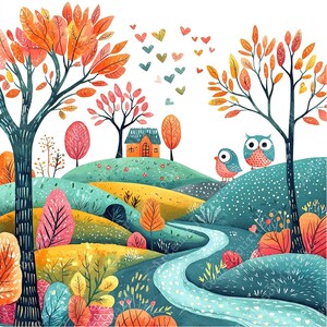 a painting of two owls sitting on a tree