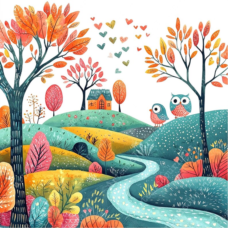 a painting of two owls sitting on a tree