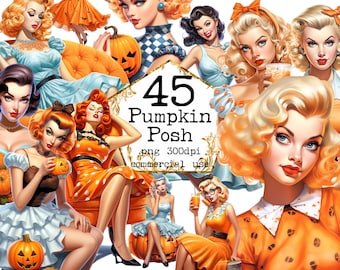 Vintage Helloween Housewife Clipart Bundle, Transparent '50 Png, Pumpkin, Retro Costume, Scrapbook, Junk Journal, Paper Crafts, Scrapbooking