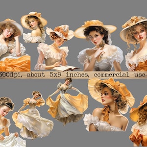 K&ouml;nnte beinhalten: Eine digitale Collage aus zehn Bildern, die Frauen in verschiedenen Hut- und Kleidungsstyles zeigen. Die Frauen sind in einem Vintage-Stil mit weichen Pastellfarben und filigranen Details dargestellt. Die Bilder sind vor einem grauen Hintergrund platziert.