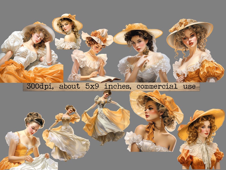 K&ouml;nnte beinhalten: Eine digitale Collage aus zehn Bildern, die Frauen in verschiedenen Hut- und Kleidungsstyles zeigen. Die Frauen sind in einem Vintage-Stil mit weichen Pastellfarben und filigranen Details dargestellt. Die Bilder sind vor einem grauen Hintergrund platziert.